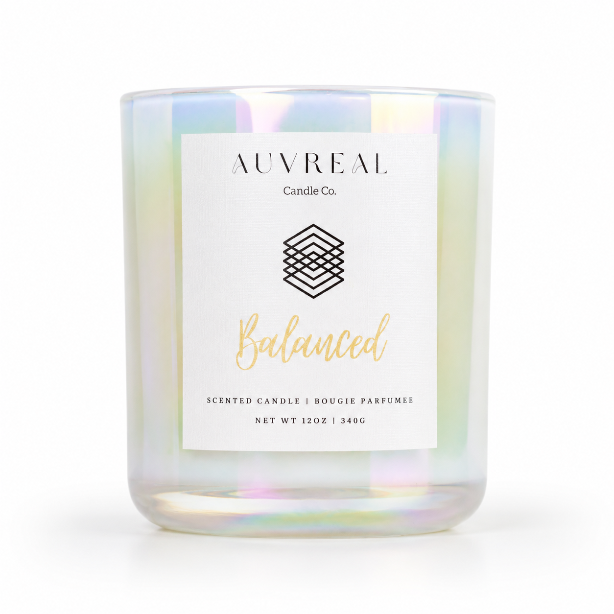 Iridescent candle with 'Auvreal Candle Co' label on a white background