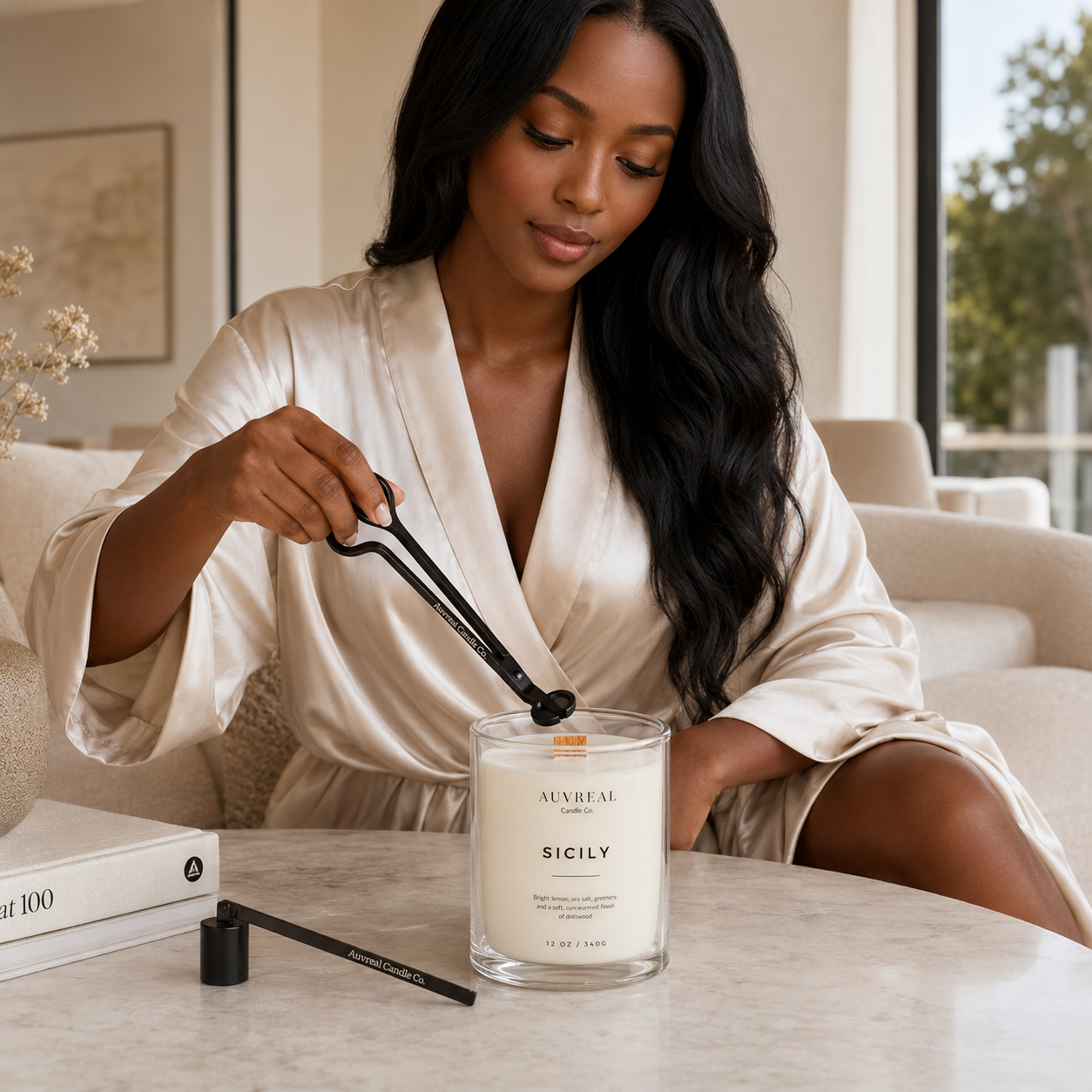 Woman in a white robe pouring wax into a candle labeled 'Sicily' by 'Au Revoir' in a cozy indoor setting.