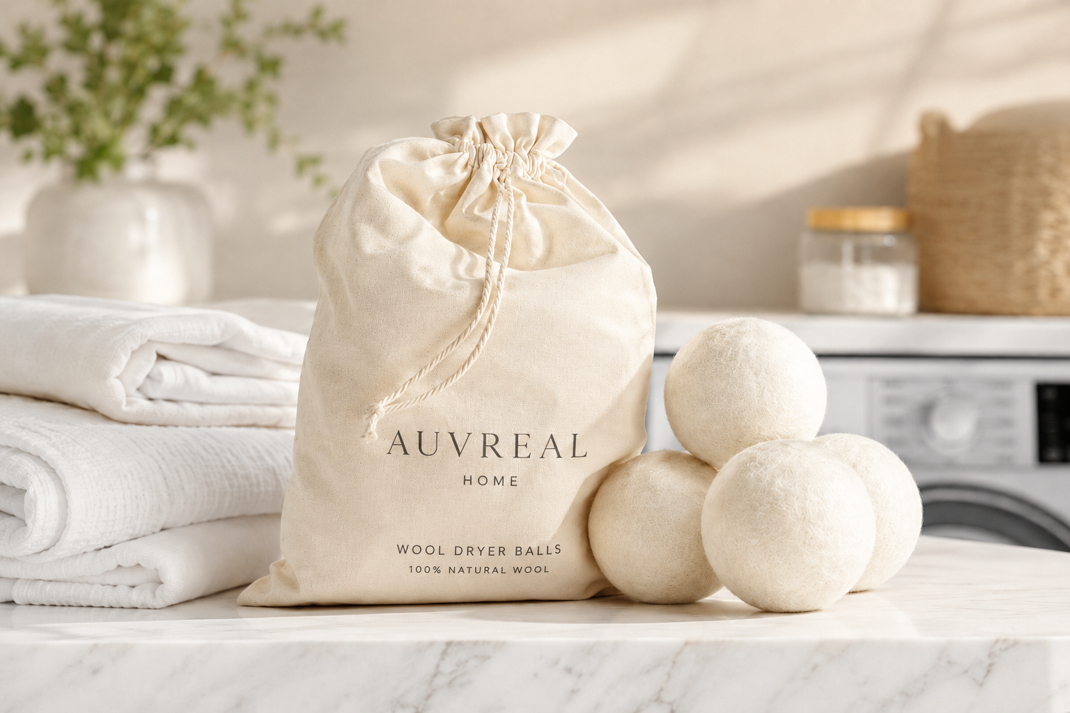 Wool dryer balls with a drawstring bag labeled 'AUVREAL HOME' on a laundry room counter.