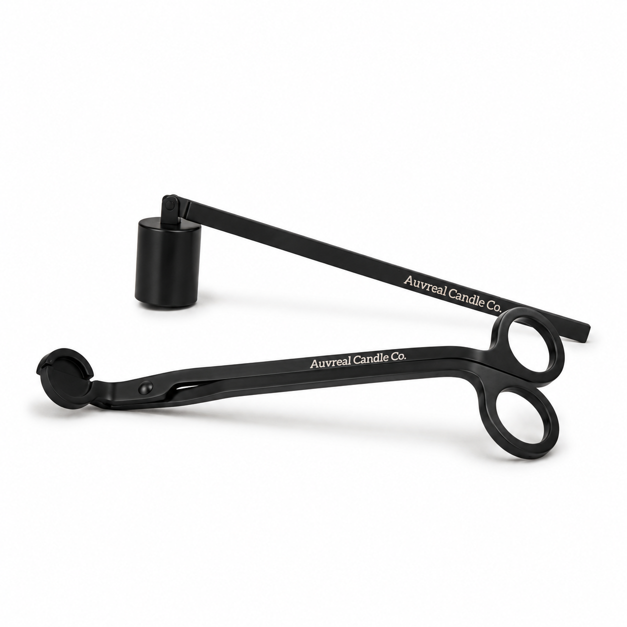 Black candle snuffer with 'Averyal Candle Co.' branding on a white background