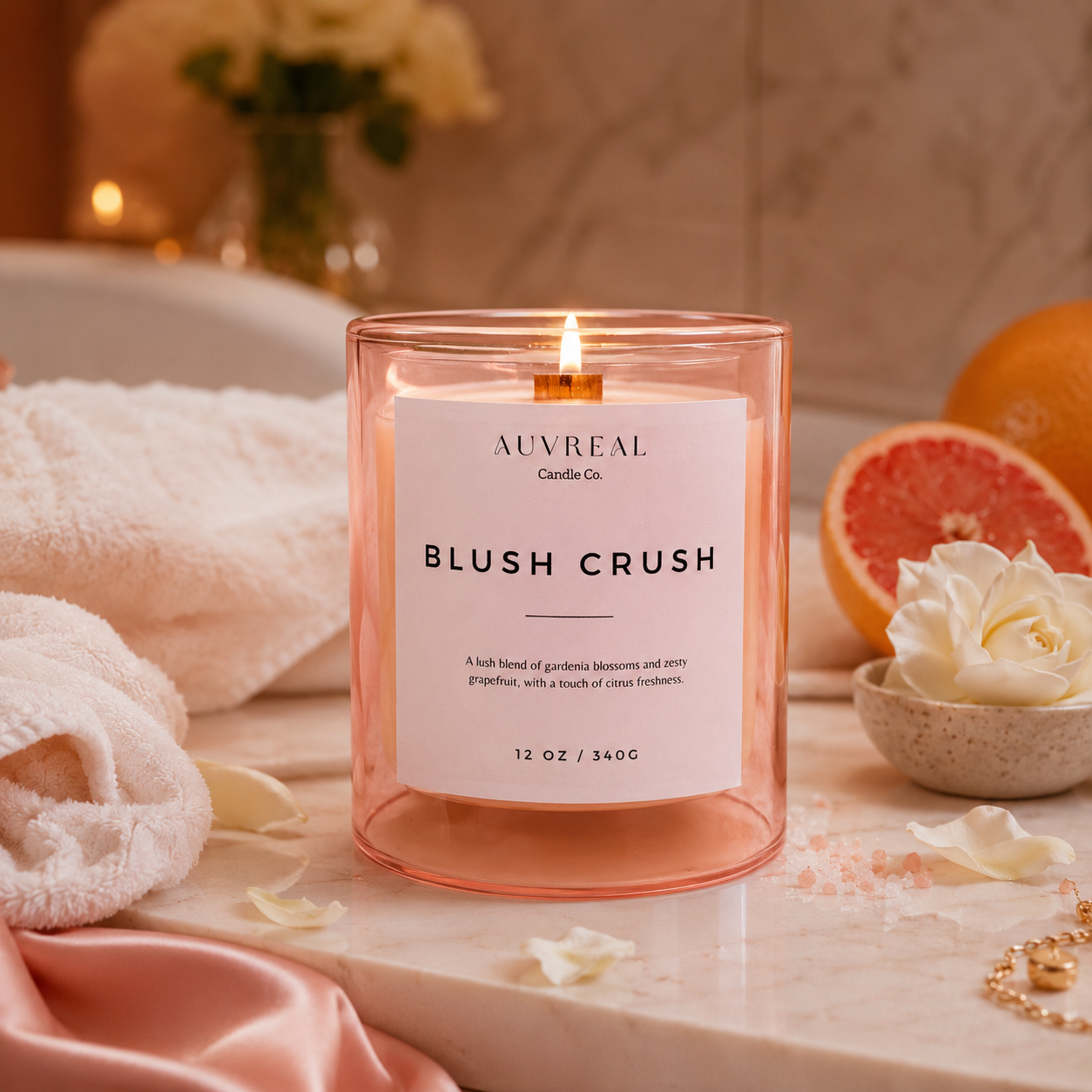 Candle labeled 'Blush Crush' by Auvreal Candle Co. on a table with decorative items.