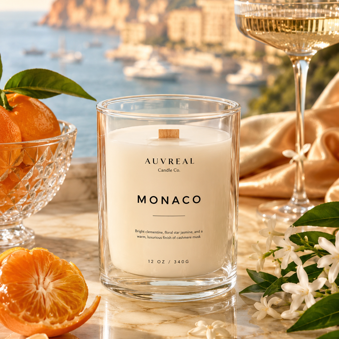 Auvreal Monaco candle with a scenic background of a coastal town and sea.