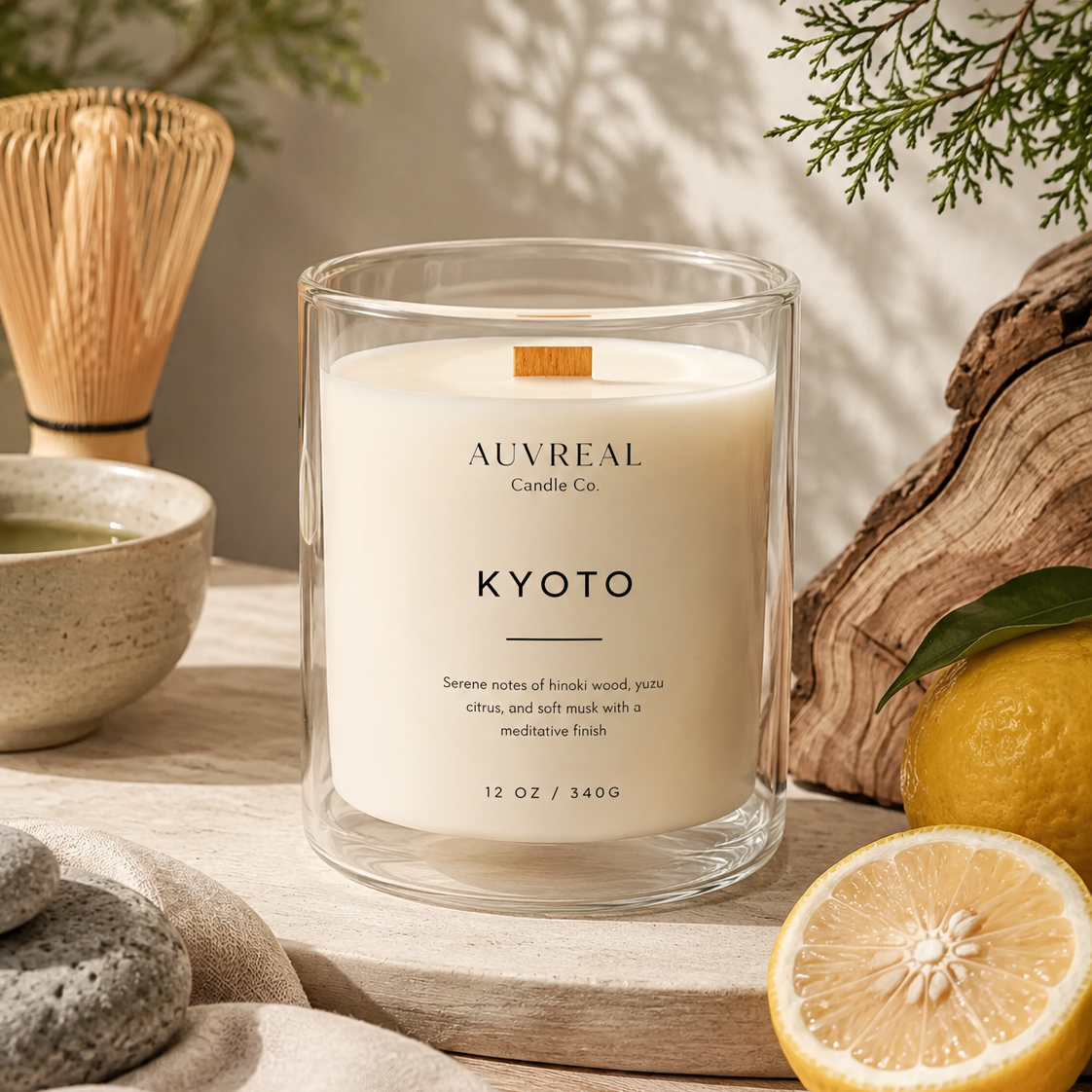 Auvreal Candle Co. Kyoto candle on a wooden surface with lemons and greenery.