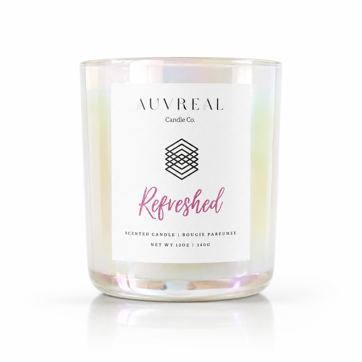 Candle with 'AUVREAL Candle Co.' label on a white background