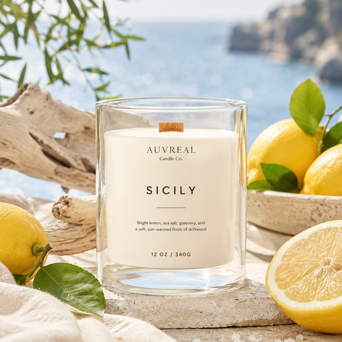 Candle labeled 'Sicily' by Auvreal with lemons and ocean view
