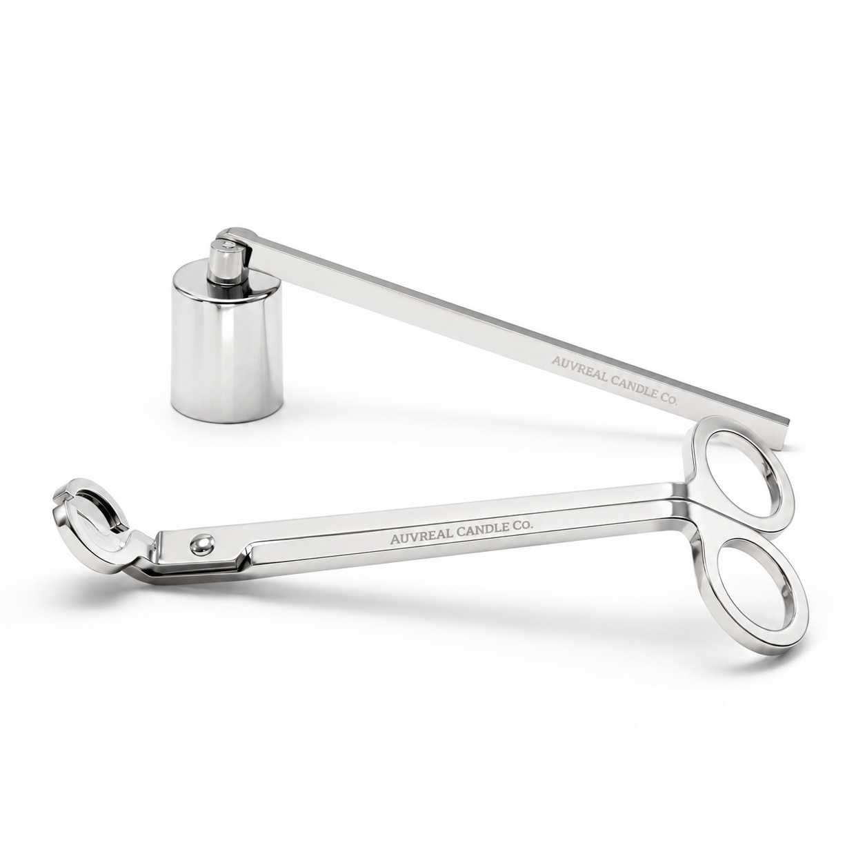 Silver candle snuffer and wick trimmer on a white background